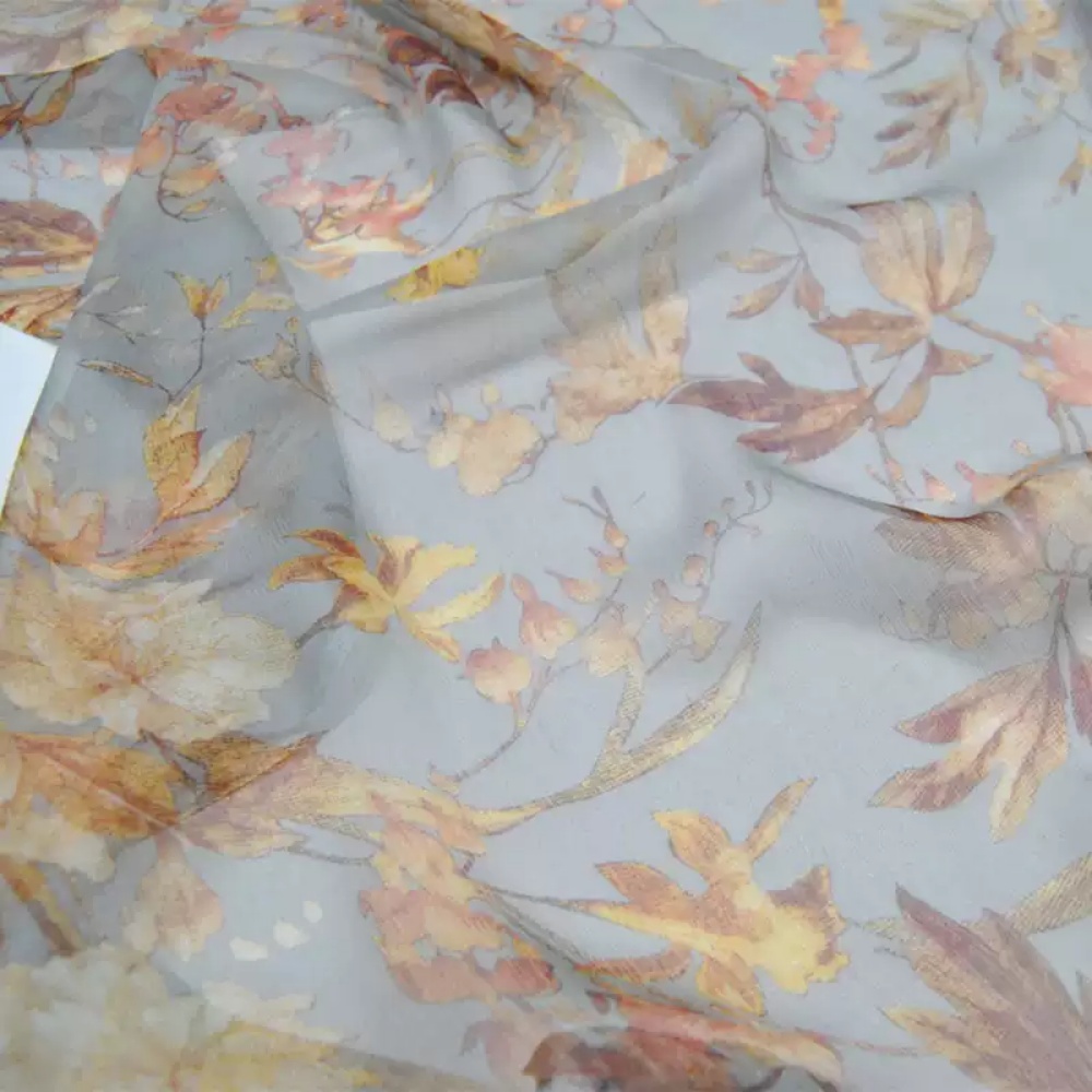 Vintage Home Textiles - Mavi Tabanlı Vintage Kurutulmuş Yaprak İpek