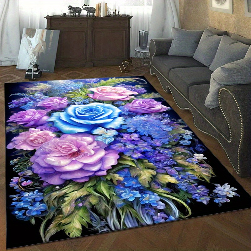 Your Home Textiles - Mavi ve mor güllü çiçekli halı,
